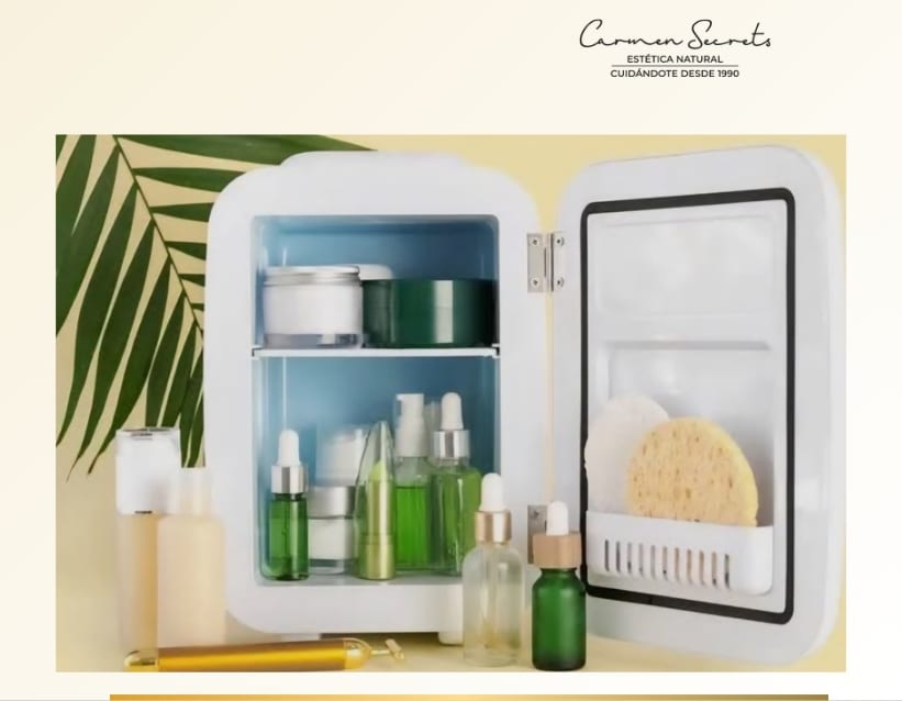 Nevera cosmética con sérums, tónicos y cremas naturales en su interior