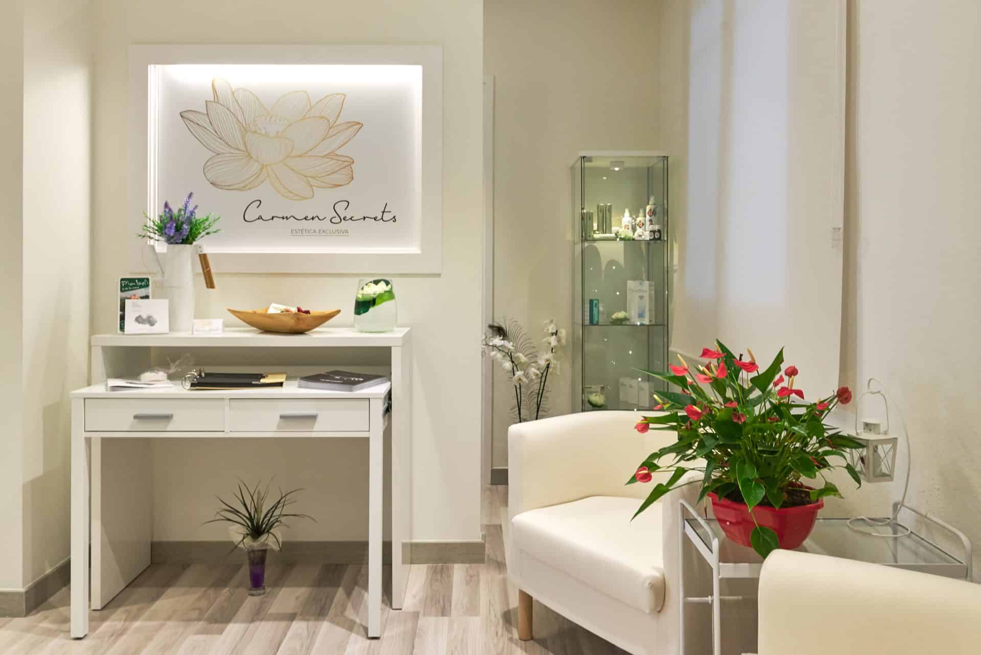 Recepción de la clínica Carmen Secrets en Barcelona, espacio de bienvenida de la cosmetóloga