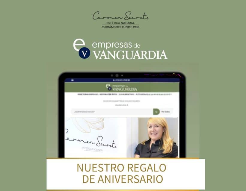 Cosmetóloga en Barcelona: portada del blog Carmen Secrets mostrando la web en una tablet y sello Empresas de Vanguardia