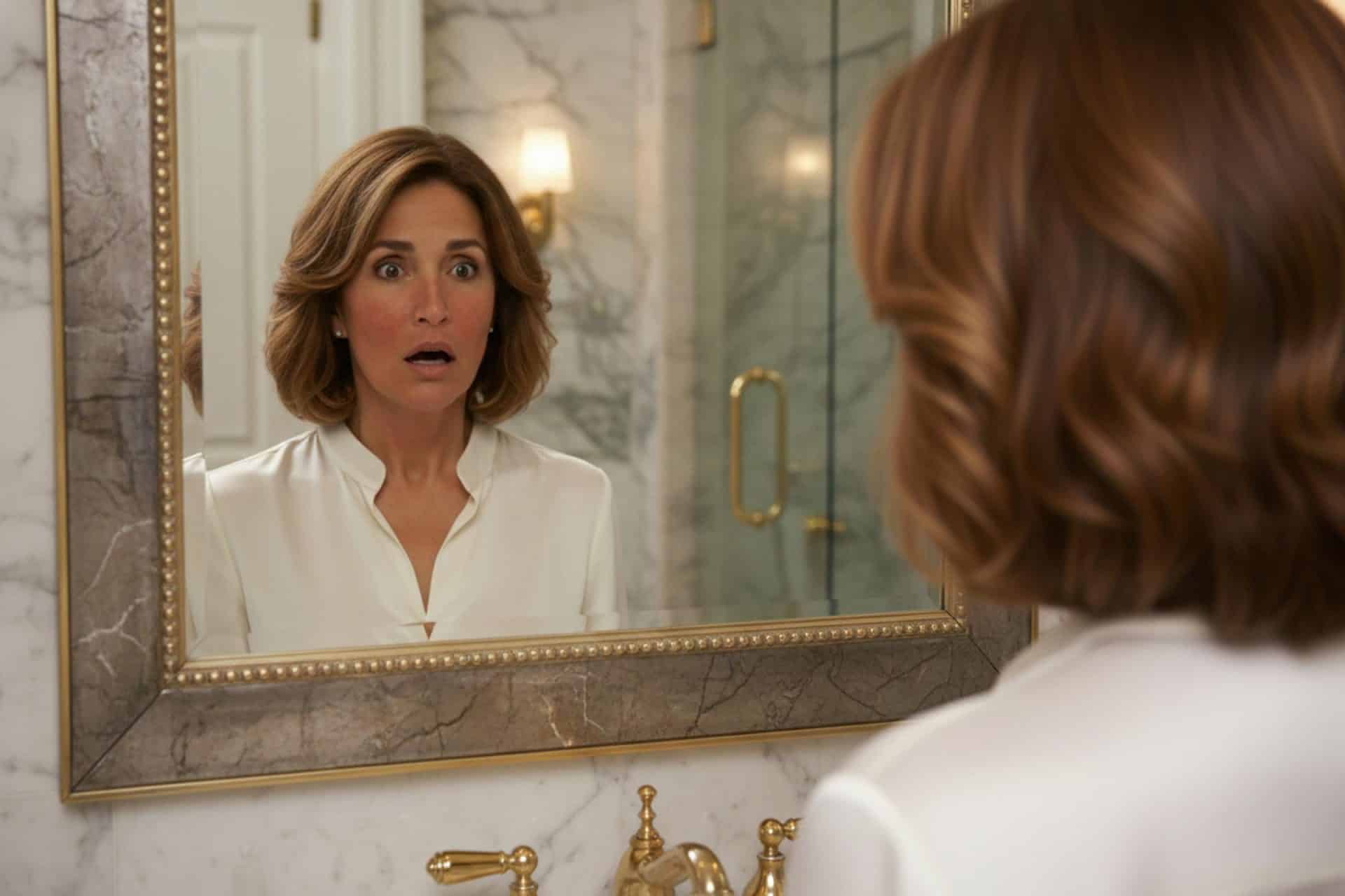 Mujer observando su piel frente al espejo viendo problemas cutáneos