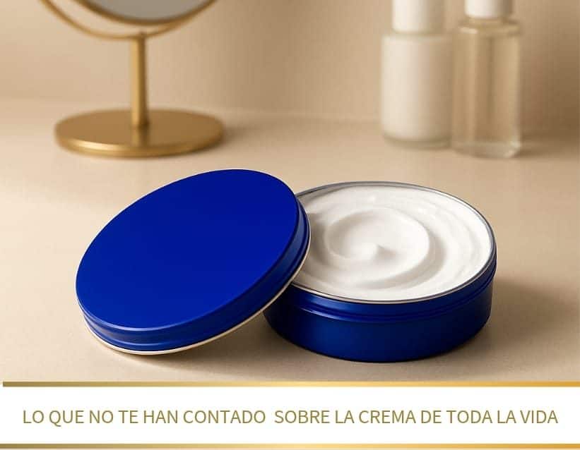 Crema hidratante clásica en envase azul sobre fondo claro, utilizada en un artículo de belleza de un centro de estética ecológica en Barcelona.