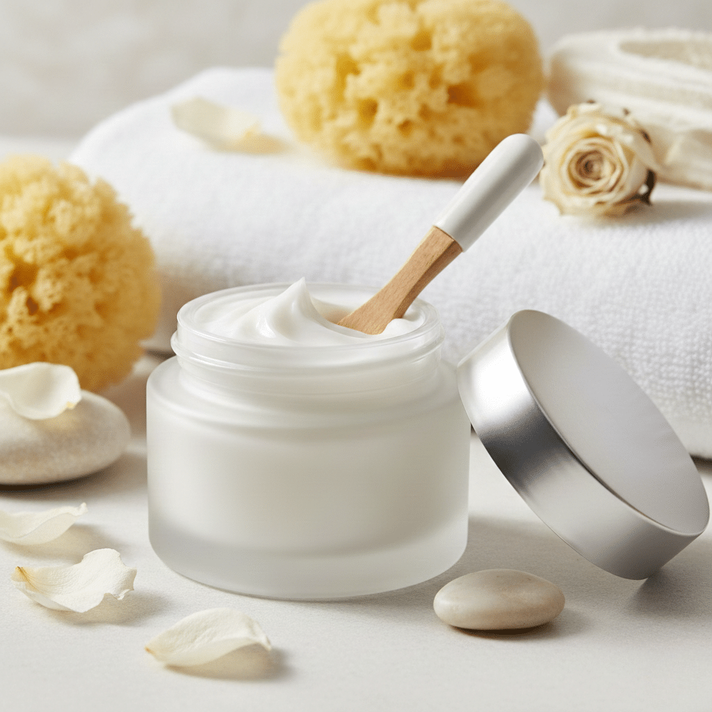 Tarro convencional de crema hidratante con textura rica y pétalos naturales alrededor